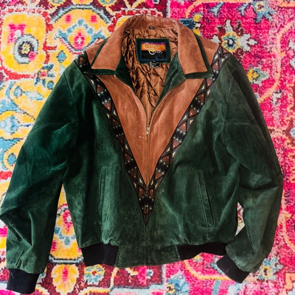 Green Velvet and Brown Leather Bomber Jacket
